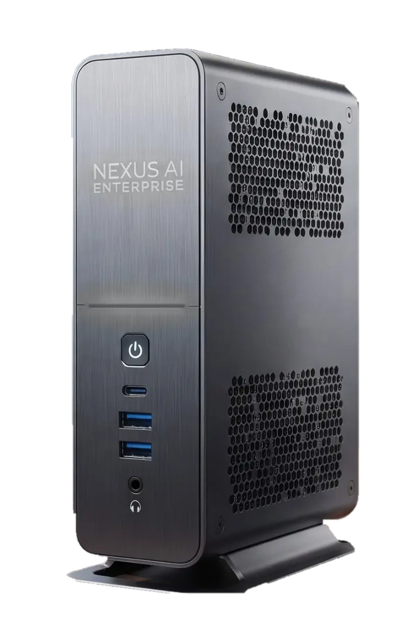 La tour Nexus AI Enterprise : aluminium brossé, logo et barre lumineuse cyan.